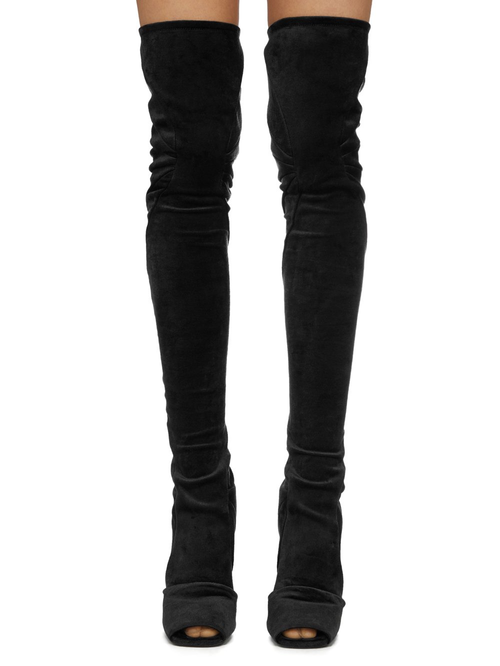 RICK OWENS LILIES FW23 LUXOR CANTILEVER 11 THIGH HIGH BOOT IN BLACK VELVET JERSEY