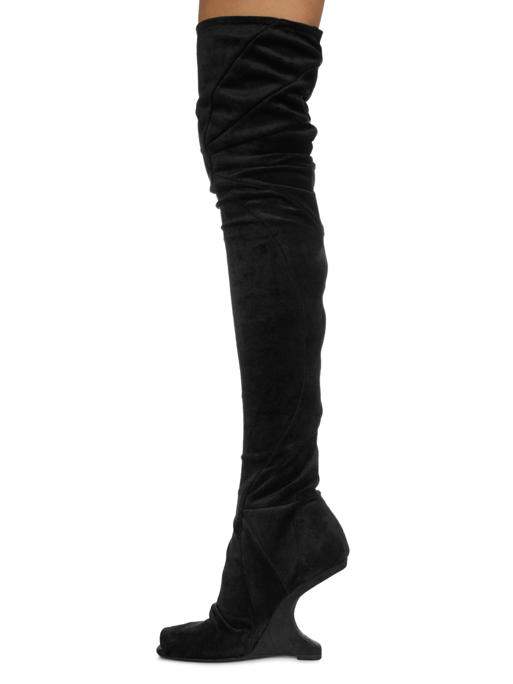 RICK OWENS LILIES FW23 LUXOR CANTILEVER 11 THIGH HIGH BOOT IN BLACK VELVET JERSEY