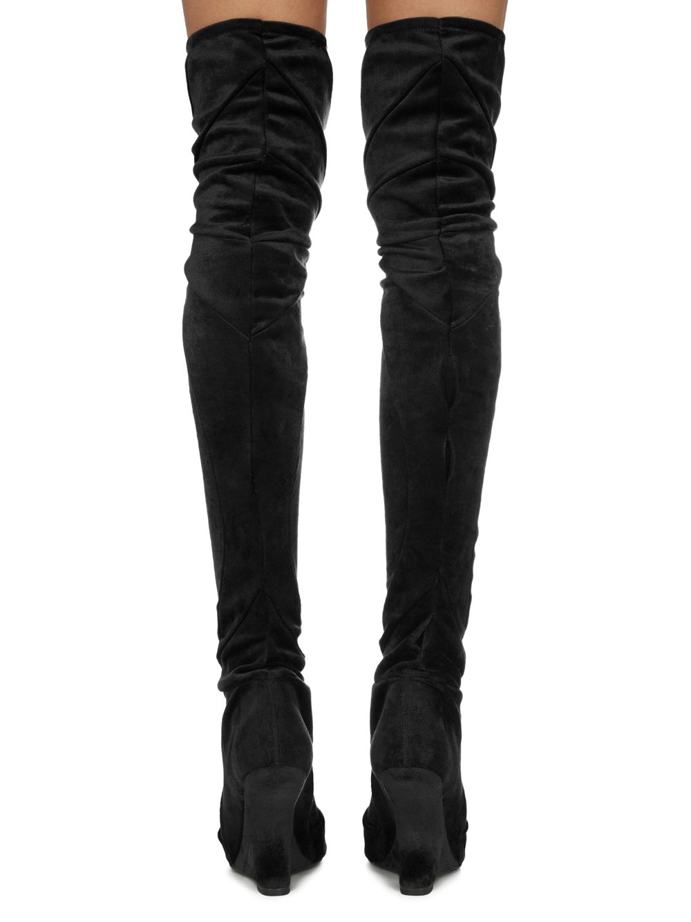 RICK OWENS LILIES FW23 LUXOR CANTILEVER 11 THIGH HIGH BOOT IN BLACK VELVET JERSEY