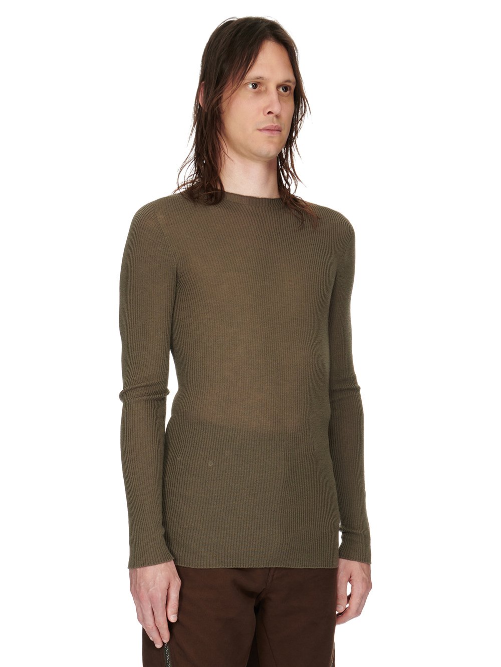 RICK OWENS FW23 LUXOR RIBBED ROUND NECK IN DUST GREY LIGHTWEIGHT RIBBED KNIT