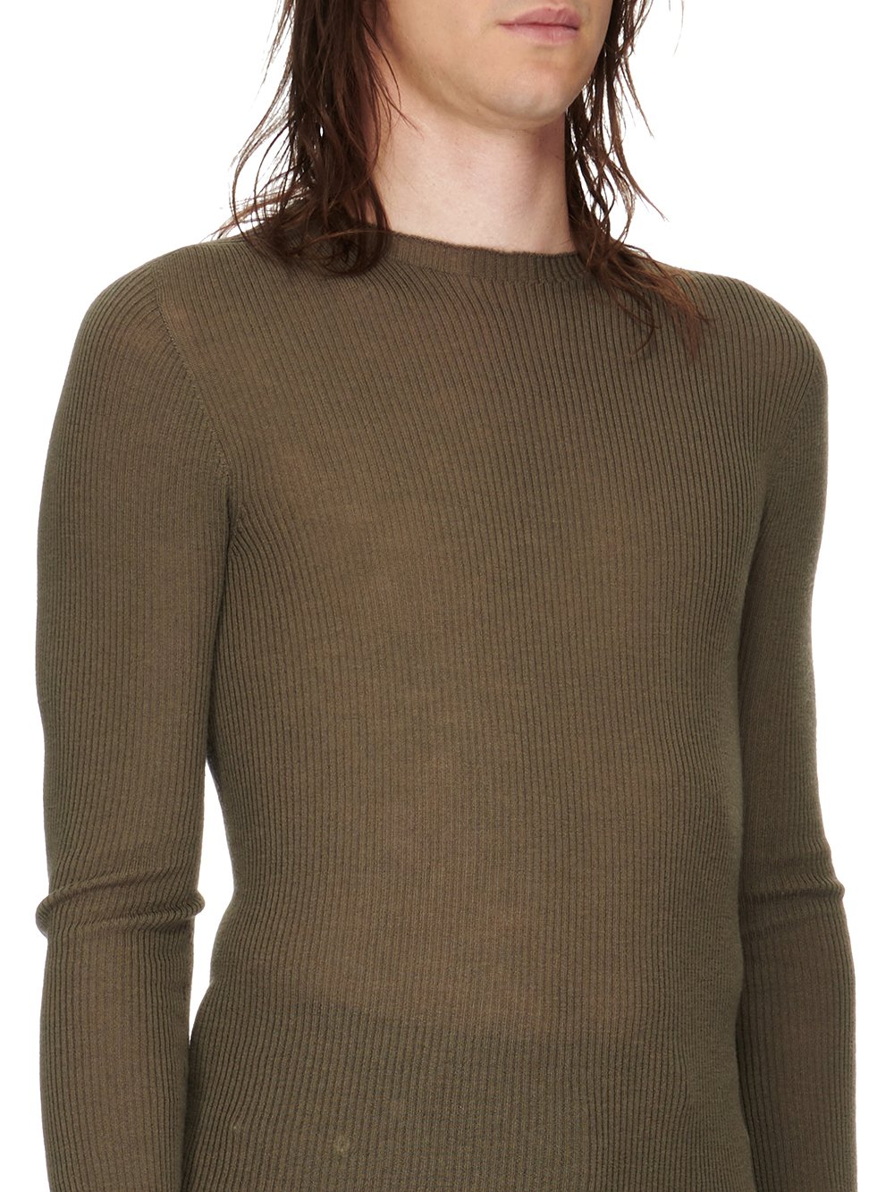 RICK OWENS FW23 LUXOR RIBBED ROUND NECK IN DUST GREY LIGHTWEIGHT RIBBED KNIT