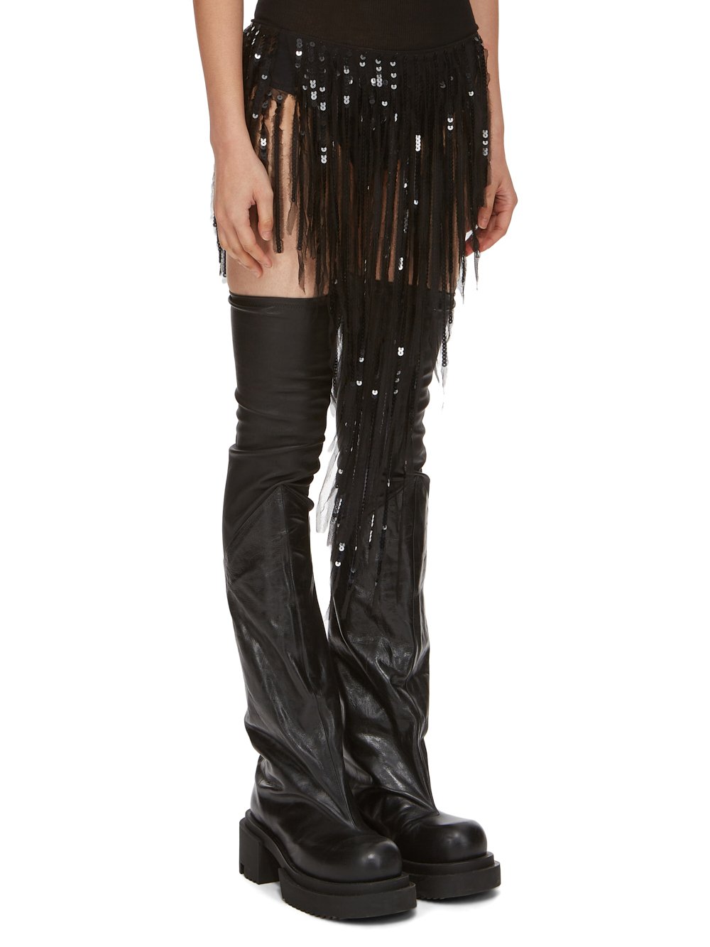 RICK OWENS FW23 LUXOR FRINGED PANTY IN BLACK SEQUIN EMBROIDERED SILK CHIFFON