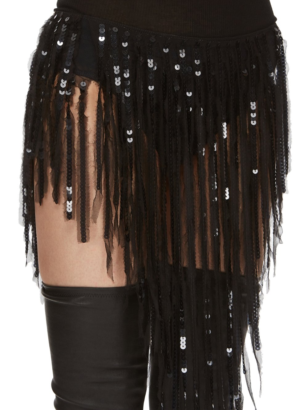 RICK OWENS FW23 LUXOR FRINGED PANTY IN BLACK SEQUIN EMBROIDERED SILK CHIFFON