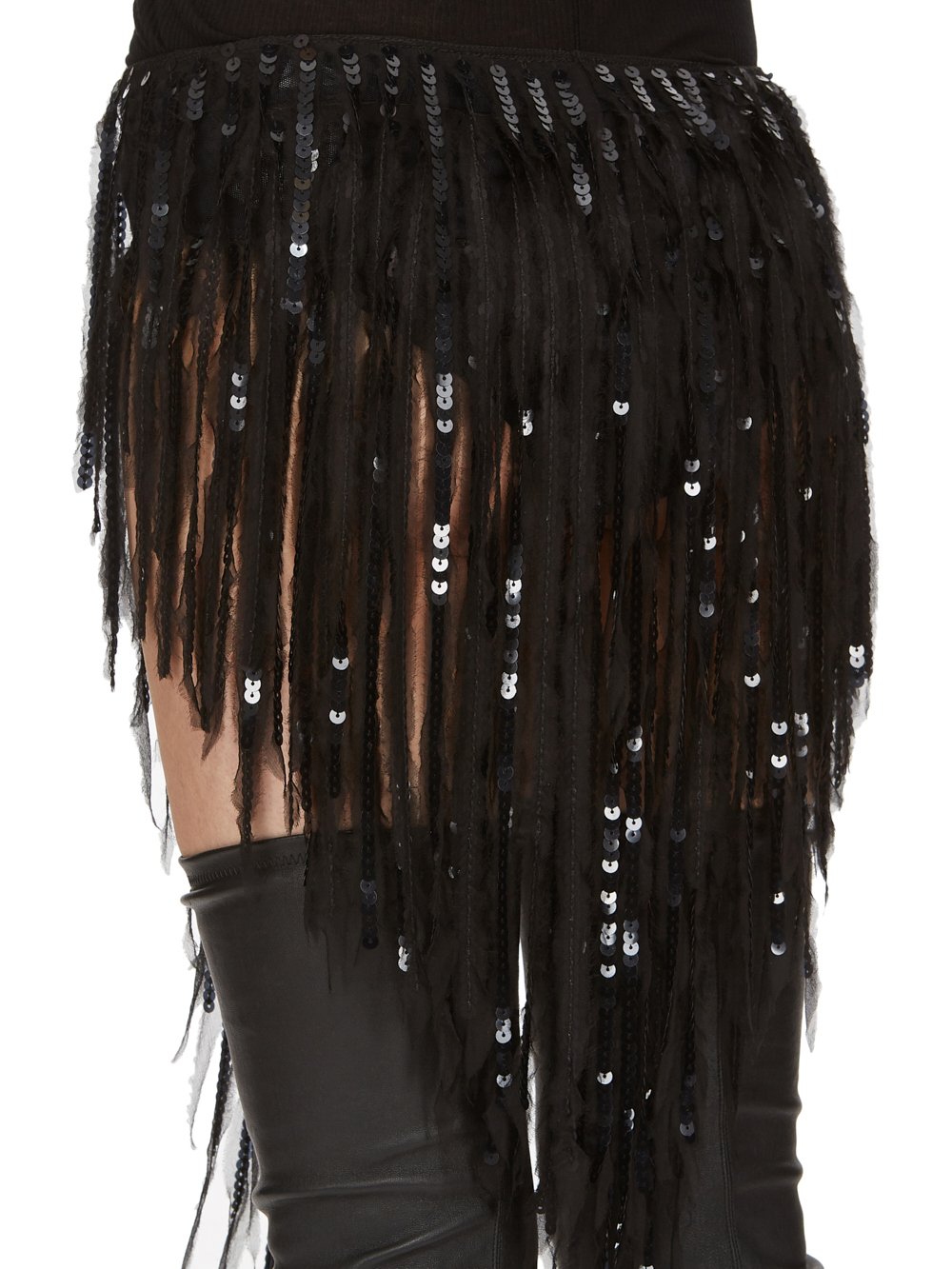 RICK OWENS FW23 LUXOR FRINGED PANTY IN BLACK SEQUIN EMBROIDERED SILK CHIFFON