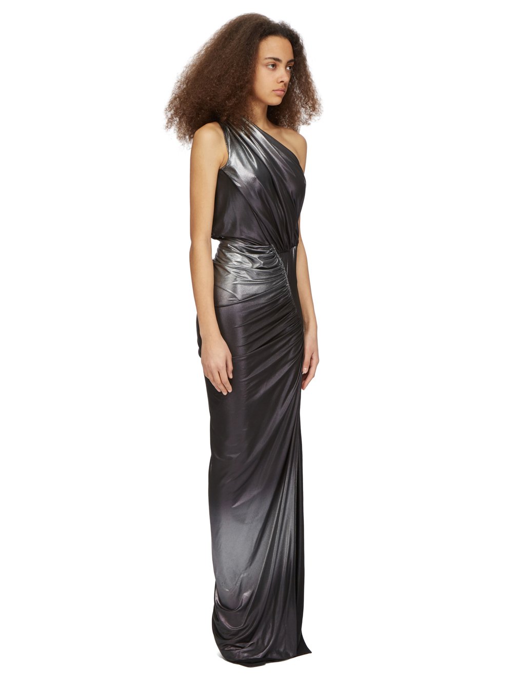 RICK OWENS LILIES FW23 LUXOR HERA GOWN IN SILVER DEGRADE GLOSSY VISCOSE JERSEY