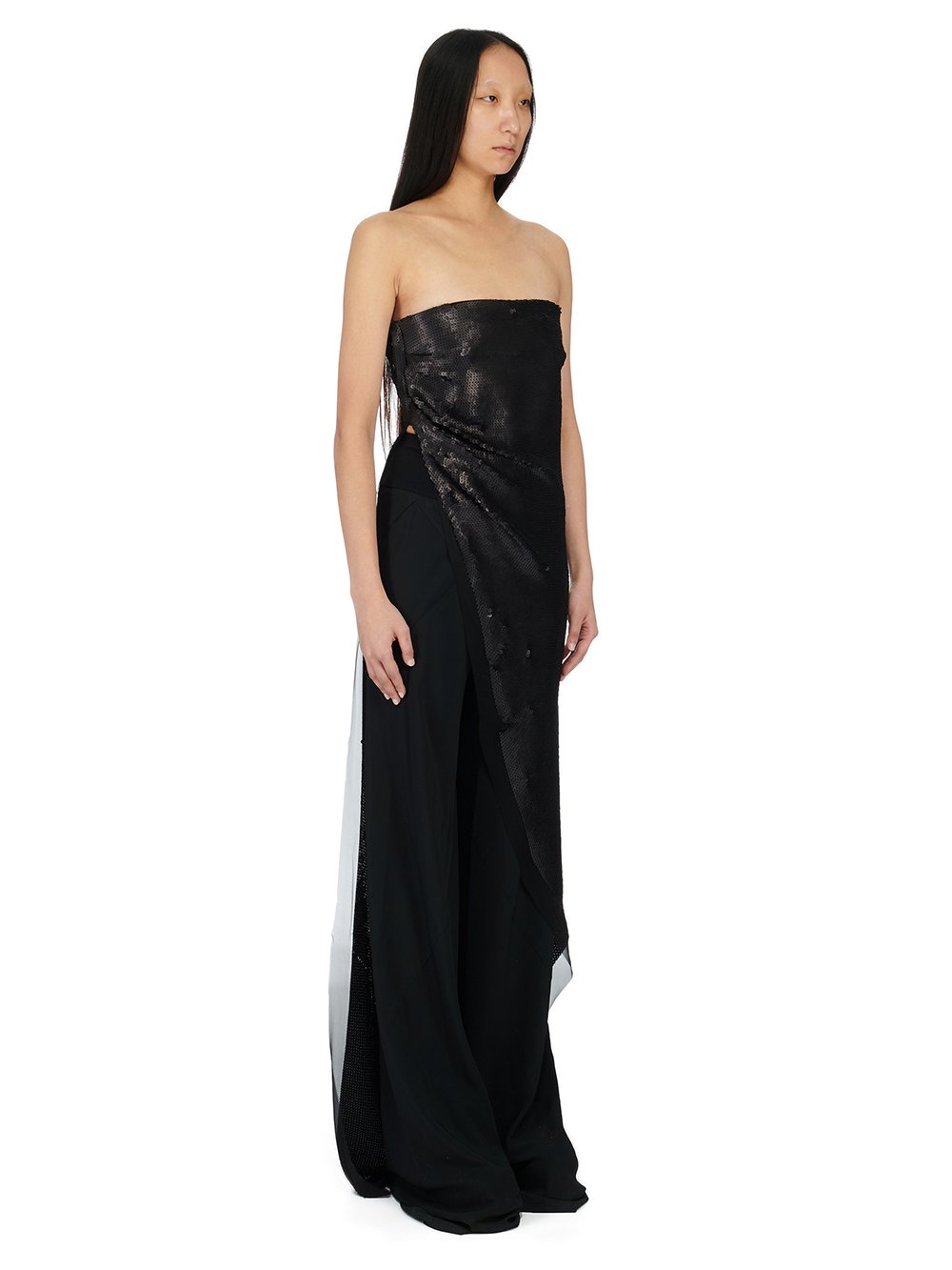 RICK OWENS FW23 LUXOR LONG TOP IN BLACK SEQUIN EMBROIDERED SILK CHIFFON