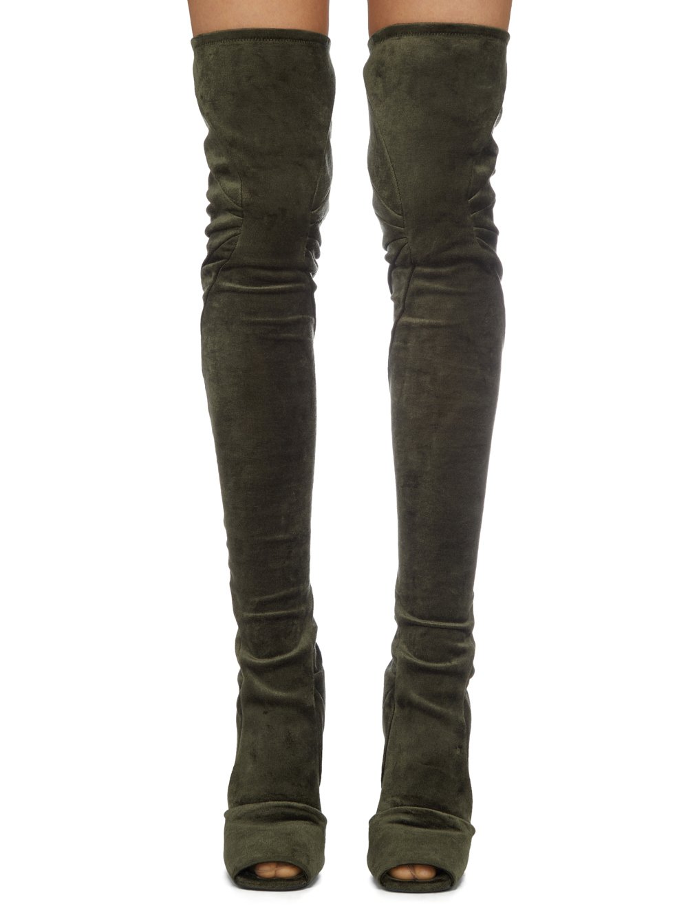 RICK OWENS FW23 LUXOR CANTILEVER 11 THIGH HIGH BOOT IN FOREST VELVET JERSEY