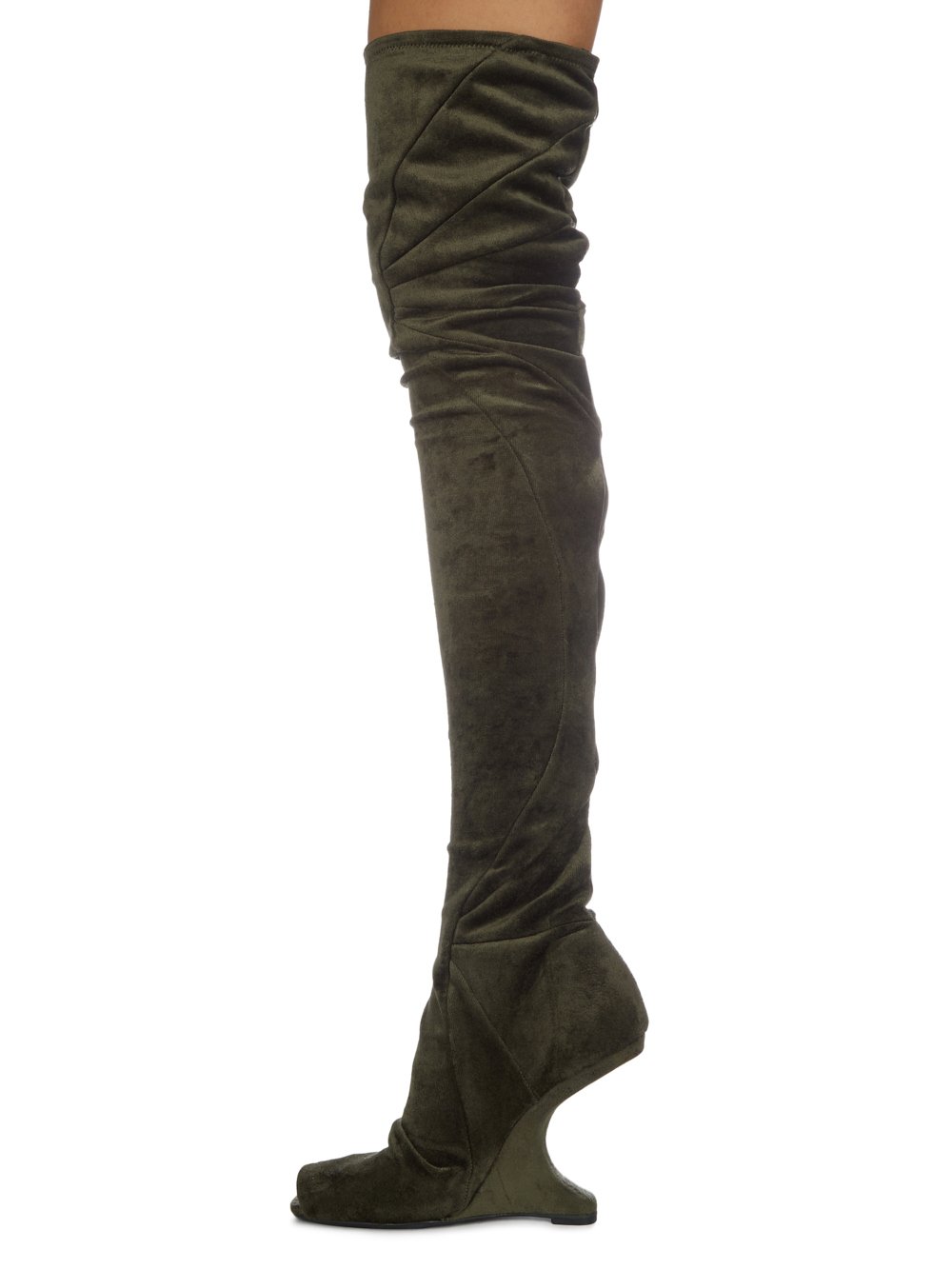 RICK OWENS FW23 LUXOR CANTILEVER 11 THIGH HIGH BOOT IN FOREST VELVET JERSEY