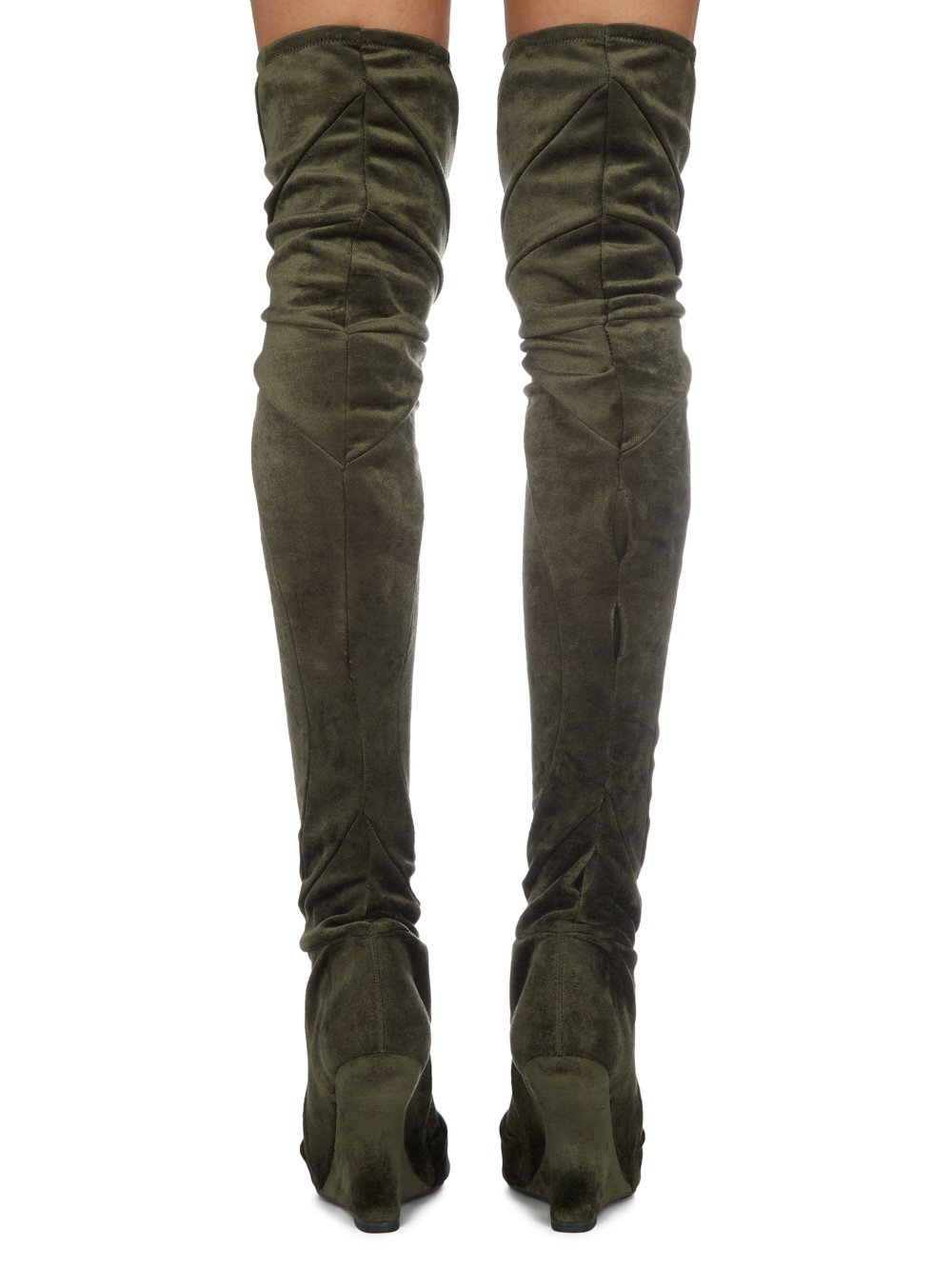 RICK OWENS FW23 LUXOR CANTILEVER 11 THIGH HIGH BOOT IN FOREST VELVET JERSEY