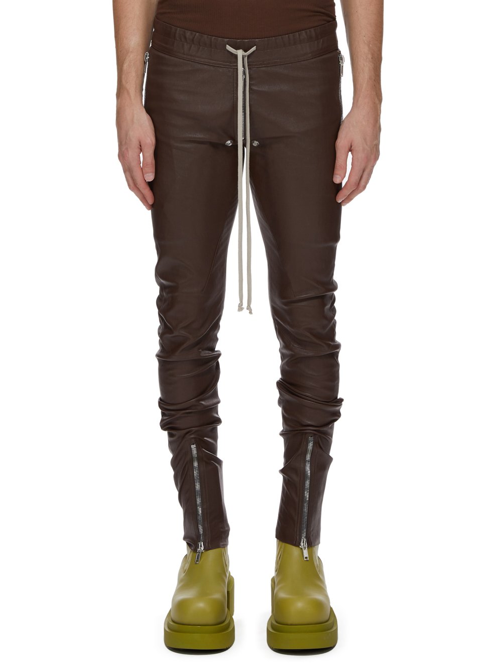 RICK OWENS FW23 LUXOR TIGHT GARY PANTS IN BROWN STRETCH LAMB LEATHER