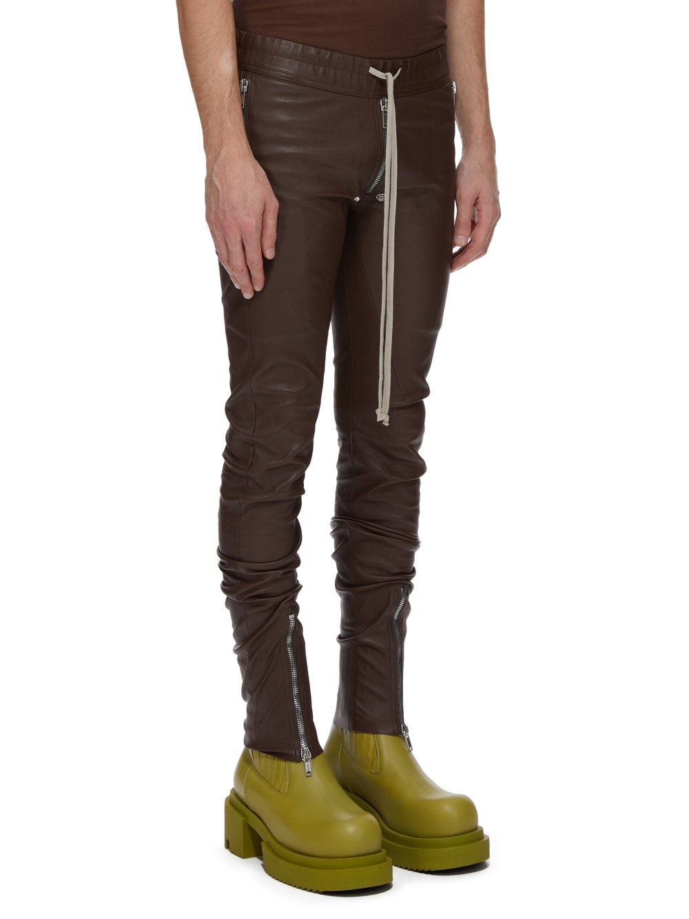 RICK OWENS FW23 LUXOR TIGHT GARY PANTS IN BROWN STRETCH LAMB LEATHER