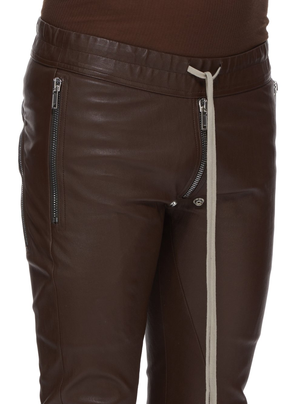 RICK OWENS FW23 LUXOR TIGHT GARY PANTS IN BROWN STRETCH LAMB LEATHER