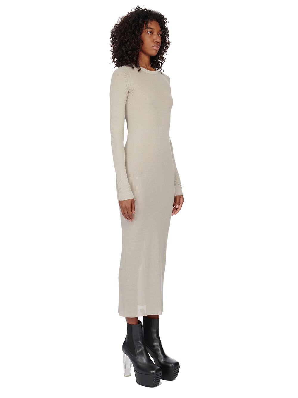 RICK OWENS FW23 LUXOR RIB LS DRESS IN PEARL VISCOSE SILK RIB JERSEY