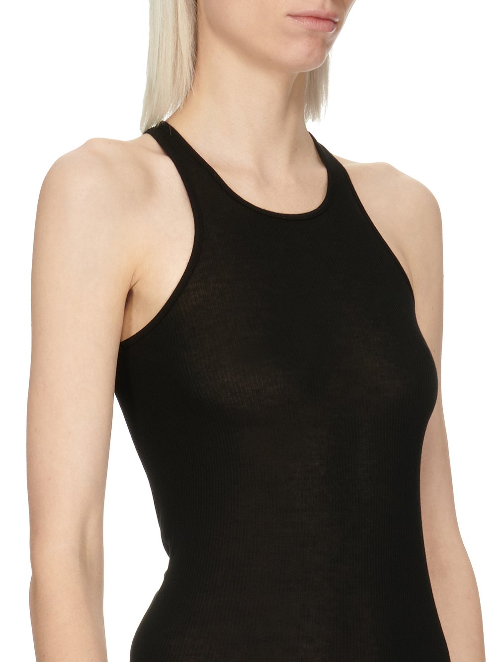 RICK OWENS FW23 LUXOR KNEE TANK DRESS IN BLACK VISCOSE SILK RIB JERSEY