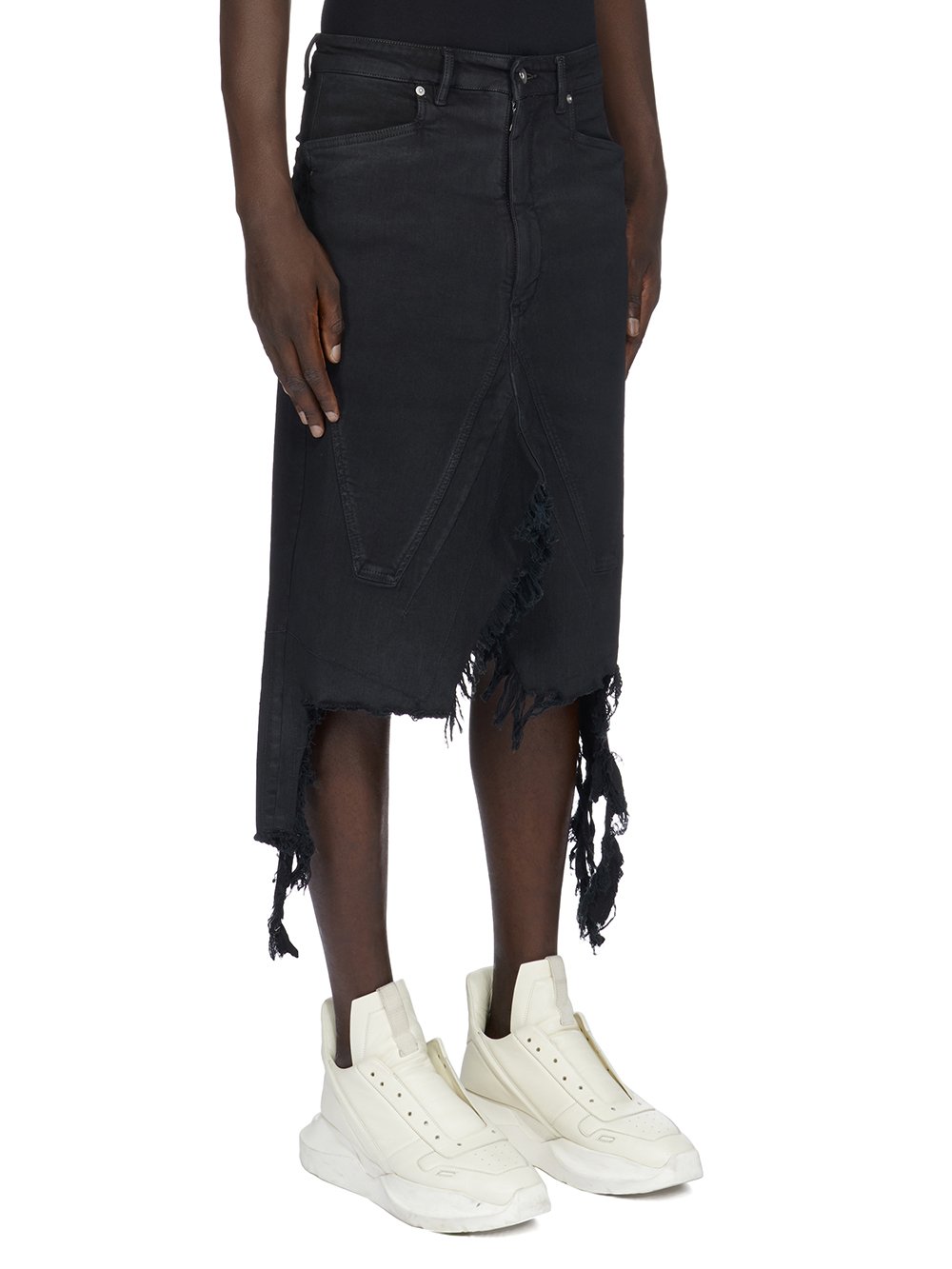 DRKSHDW FW23 LUXOR SLIVERED SKIRT IN BLACKETY BLACK STRETCH DENIM