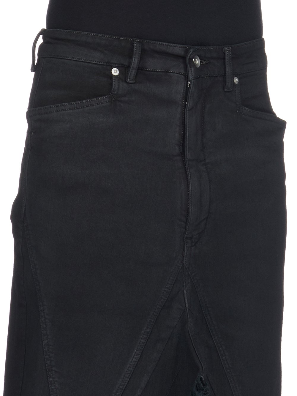 DRKSHDW FW23 LUXOR SLIVERED SKIRT IN BLACKETY BLACK STRETCH DENIM