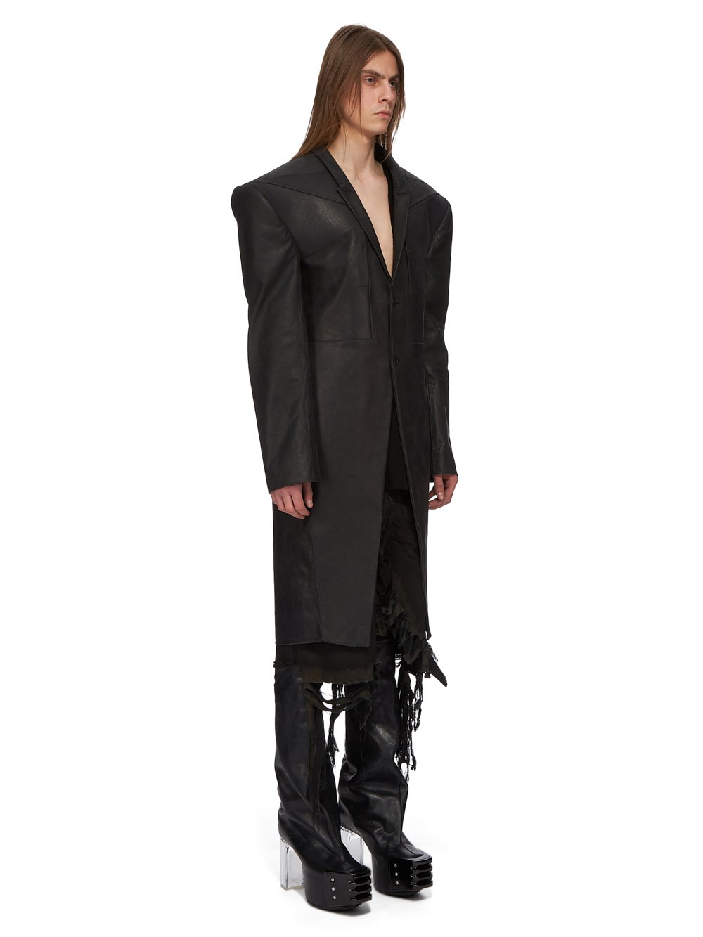 RICK OWENS FW23 LUXOR RUNWAY EDFU COAT IN BLACK RAVENNA CALF LEATHER