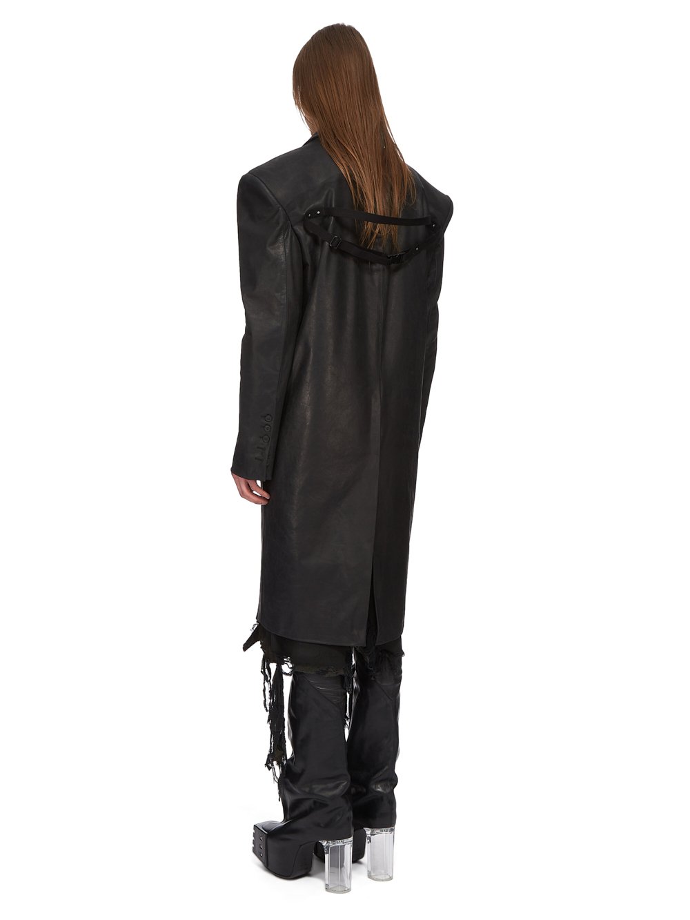 RICK OWENS FW23 LUXOR RUNWAY EDFU COAT IN BLACK RAVENNA CALF LEATHER