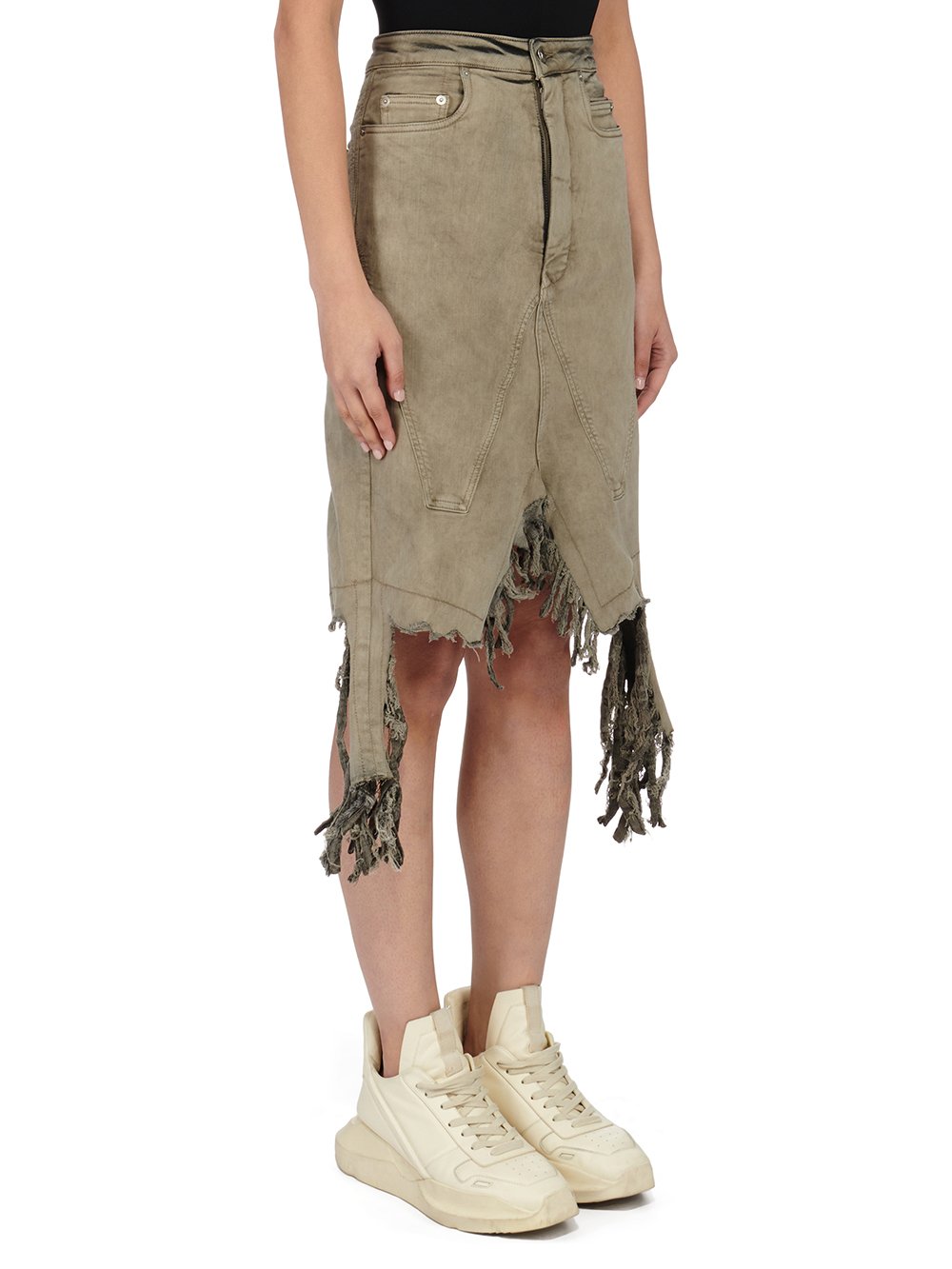 RICK OWENS FW23 LUXOR SLIVERED SKIRT IN MINERAL PEARL STRETCH DENIM