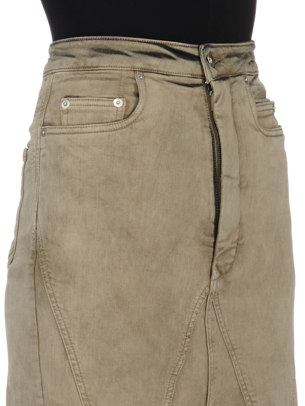 RICK OWENS FW23 LUXOR SLIVERED SKIRT IN MINERAL PEARL STRETCH DENIM