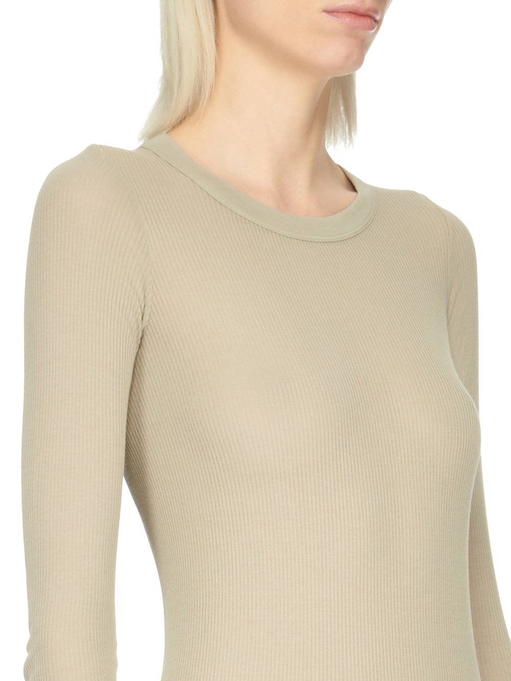 RICK OWENS FW23 LUXOR RIB LS T IN PEARL VISCOSE SILK RIB JERSEY