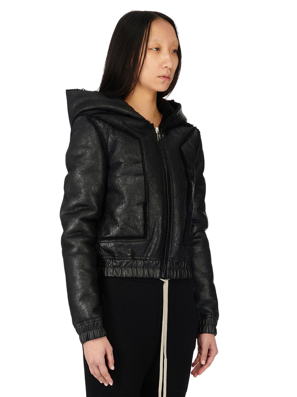 RICK OWENS FW23 LUXOR EDFU HOODED JKT IN BLACK BUTTER LAMB SHEARLING