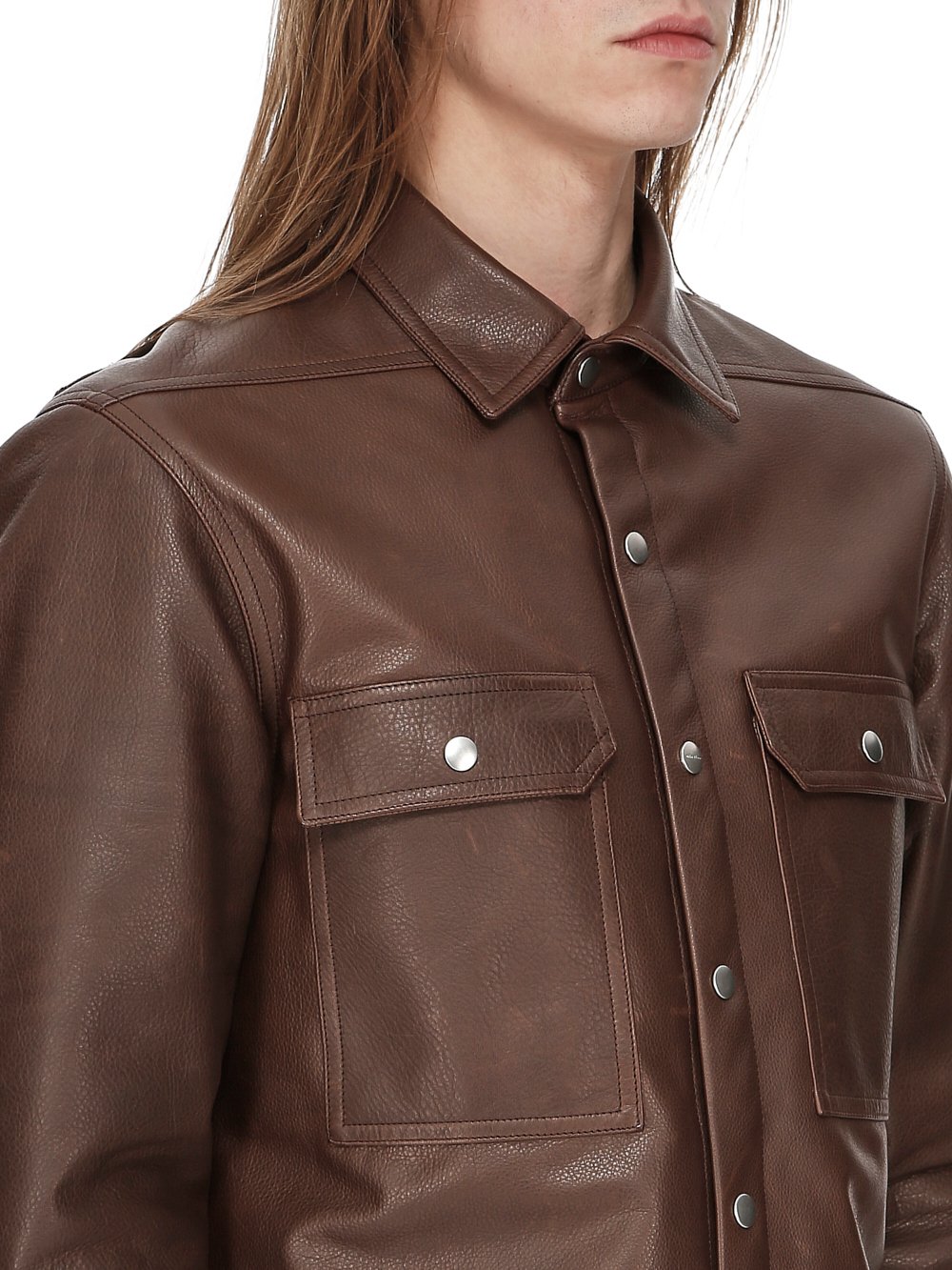 RICK OWENS FW23 LUXOR OUTERSHIRT IN BROWN SOFT GRAIN COW LEATHER