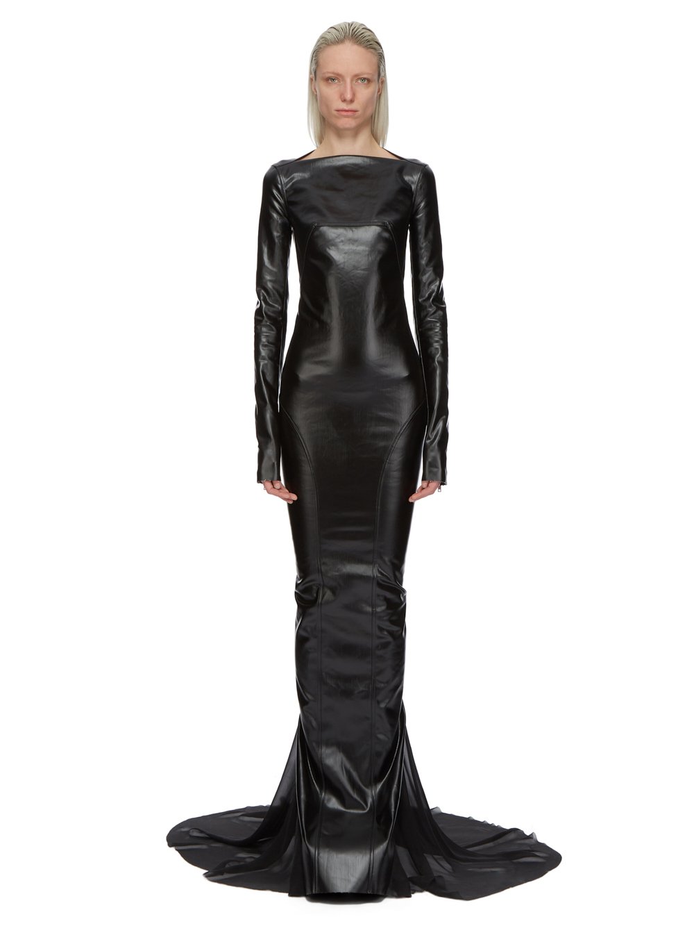 RICK OWENS FW23 LUXOR RUNWAY AL COLUMN GOWN IN BLACK RUBBER COVERED STRETCH DENIM