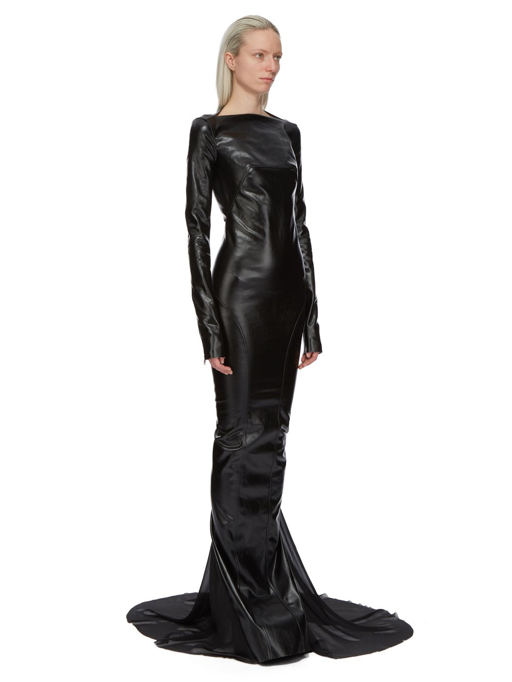 RICK OWENS FW23 LUXOR RUNWAY AL COLUMN GOWN IN BLACK RUBBER COVERED STRETCH DENIM