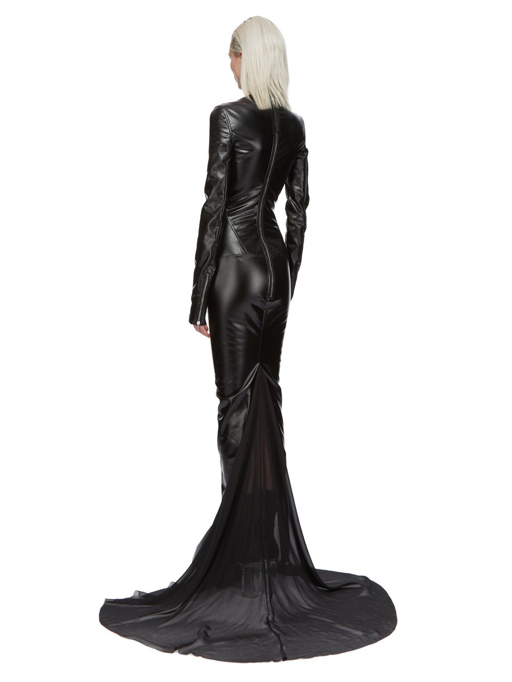 RICK OWENS FW23 LUXOR RUNWAY AL COLUMN GOWN IN BLACK RUBBER COVERED STRETCH DENIM