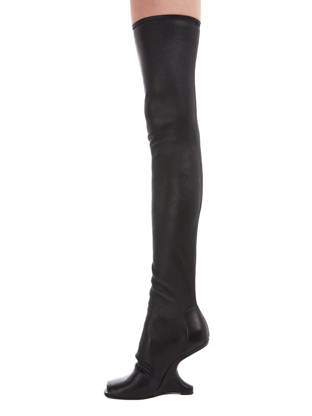 RICK OWENS FW23 LUXOR CANTILEVER 11 THIGH HIGH IN  BLACK STRETCH LAMB LEATHER