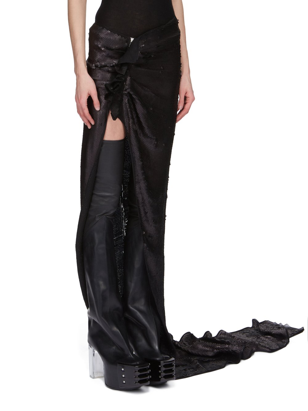 RICK OWENS FW23 LUXOR RUNWAY EDFU SKIRT RUNWAY LENGTH IN BLACK SEQUIN EMBROIDERED SILK CHIFFON