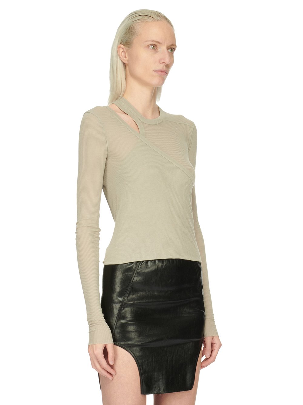 RICK OWENS FW23 LUXOR BANANA LS T IN PEARL VISCOSE SILK RIB JERSEY