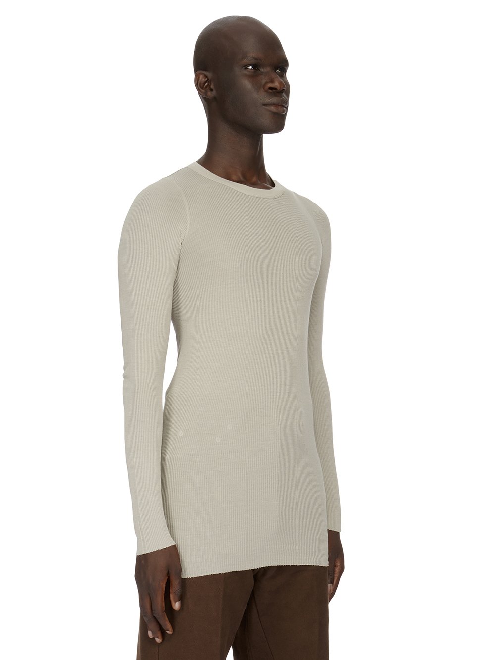 RICK OWENS FW23 LUXOR RIB LS T IN PEARL VISCOSE SILK RIB JERSEY