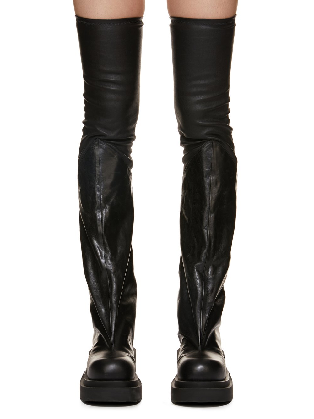 RICK OWENS FW23 LUXOR FLARED BOGUN IN  BLACK STRETCH LAMB LEATHER AND GLASLUX, GLOSSY CALF LEATHER