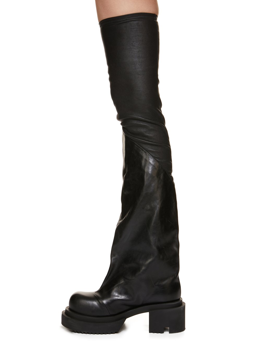 RICK OWENS FW23 LUXOR FLARED BOGUN IN  BLACK STRETCH LAMB LEATHER AND GLASLUX, GLOSSY CALF LEATHER