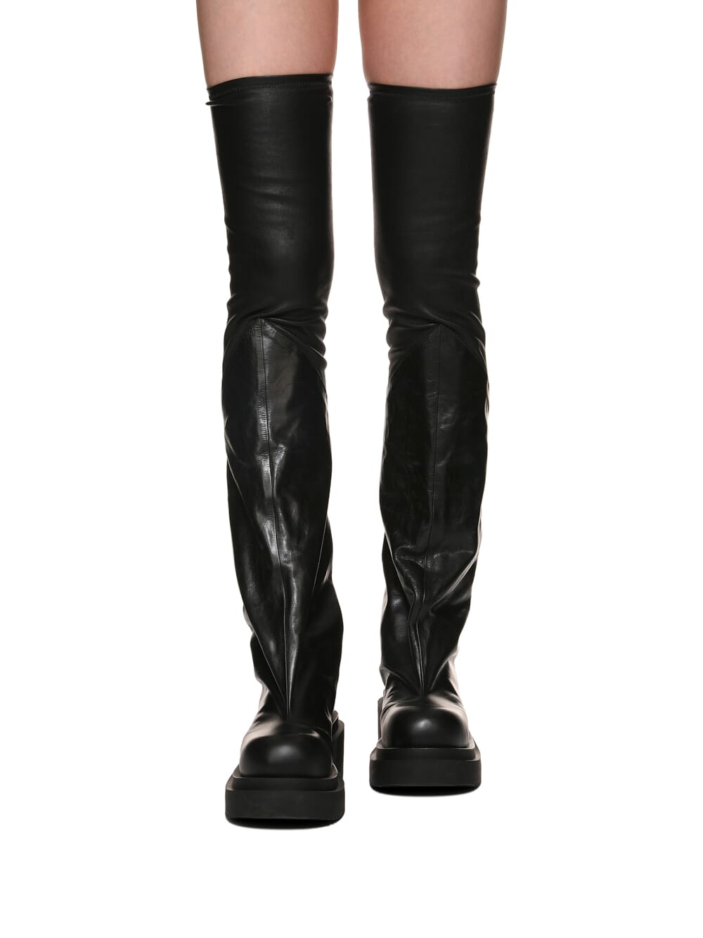 RICK OWENS FW23 LUXOR FLARED BOGUN IN  BLACK STRETCH LAMB LEATHER AND GLASLUX, GLOSSY CALF LEATHER