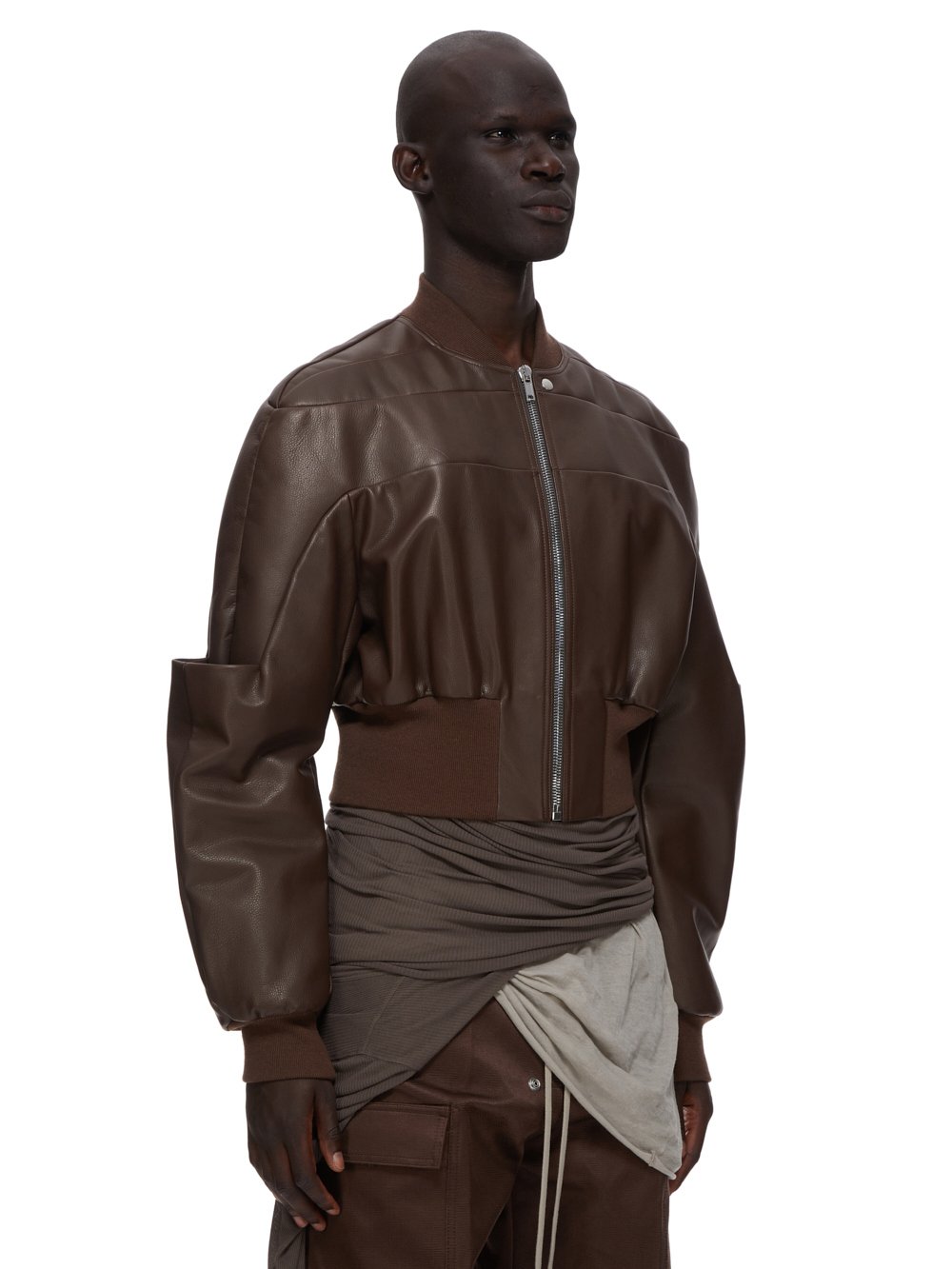 RICK OWENS FW23 LUXOR GIRDERED BOMBER CROPPED IN BROWN SOFT GRAIN COW LEATHER