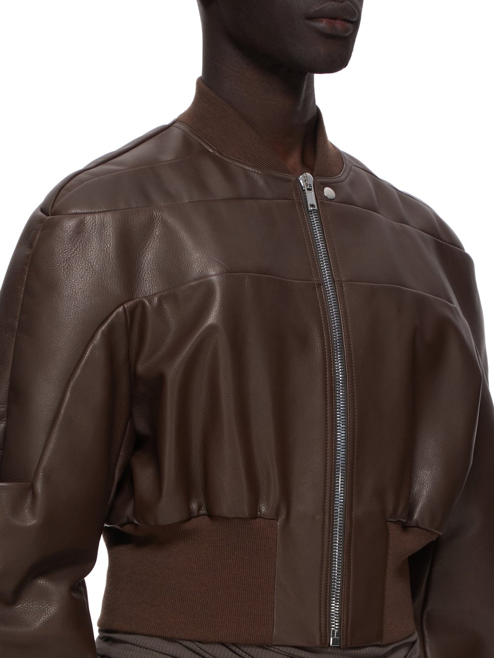 RICK OWENS FW23 LUXOR GIRDERED BOMBER CROPPED IN BROWN SOFT GRAIN COW LEATHER