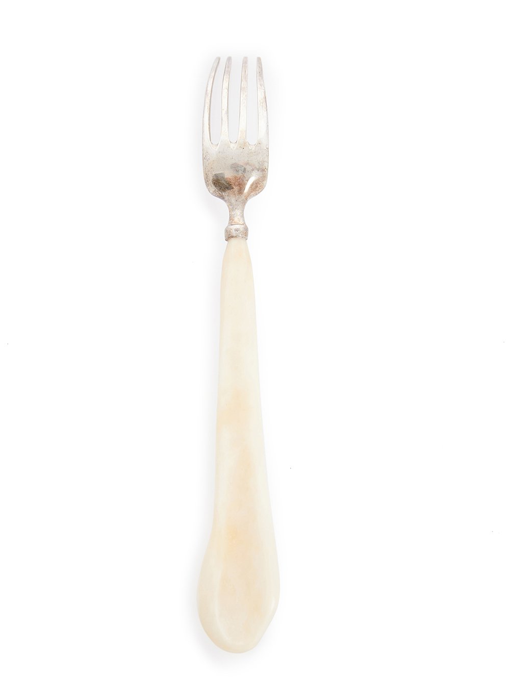 RICK OWENS FORK FEATURES A FOUR TINE STERLING TOP AND A NATURAL COLOR BONE HANDLE.