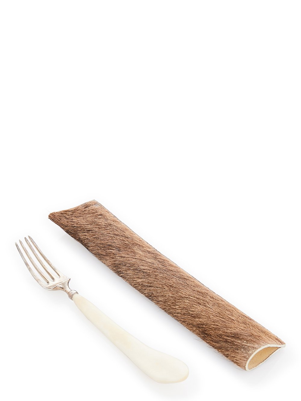 RICK OWENS FORK FEATURES A FOUR TINE STERLING TOP AND A NATURAL COLOR BONE HANDLE.