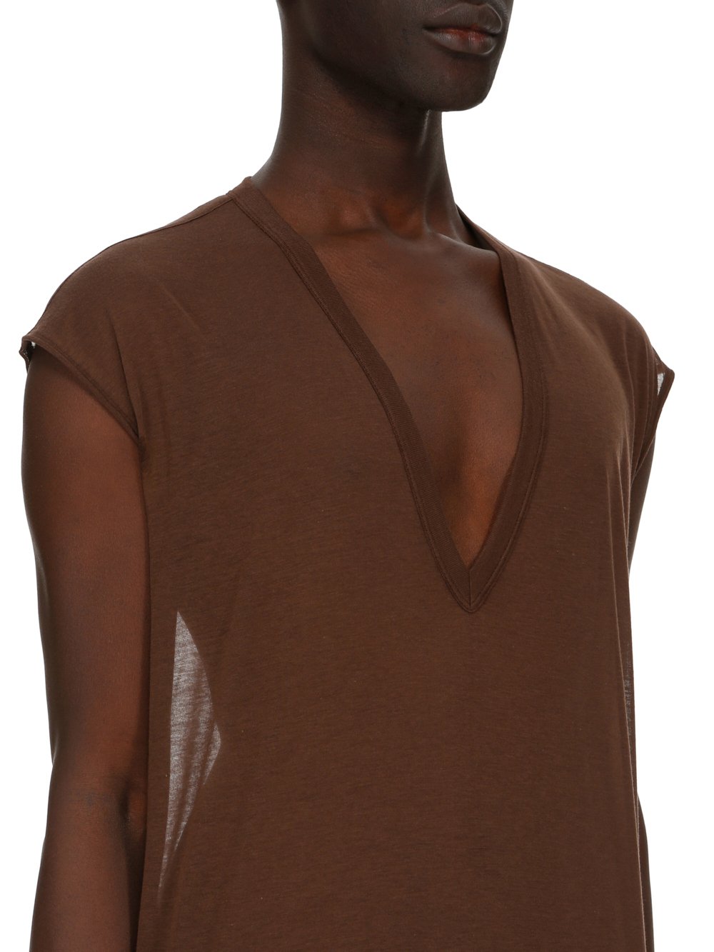 RICK OWENS FW23 LUXOR DEEP V NECK SS T IN BROWN UNSTABLE COTTON