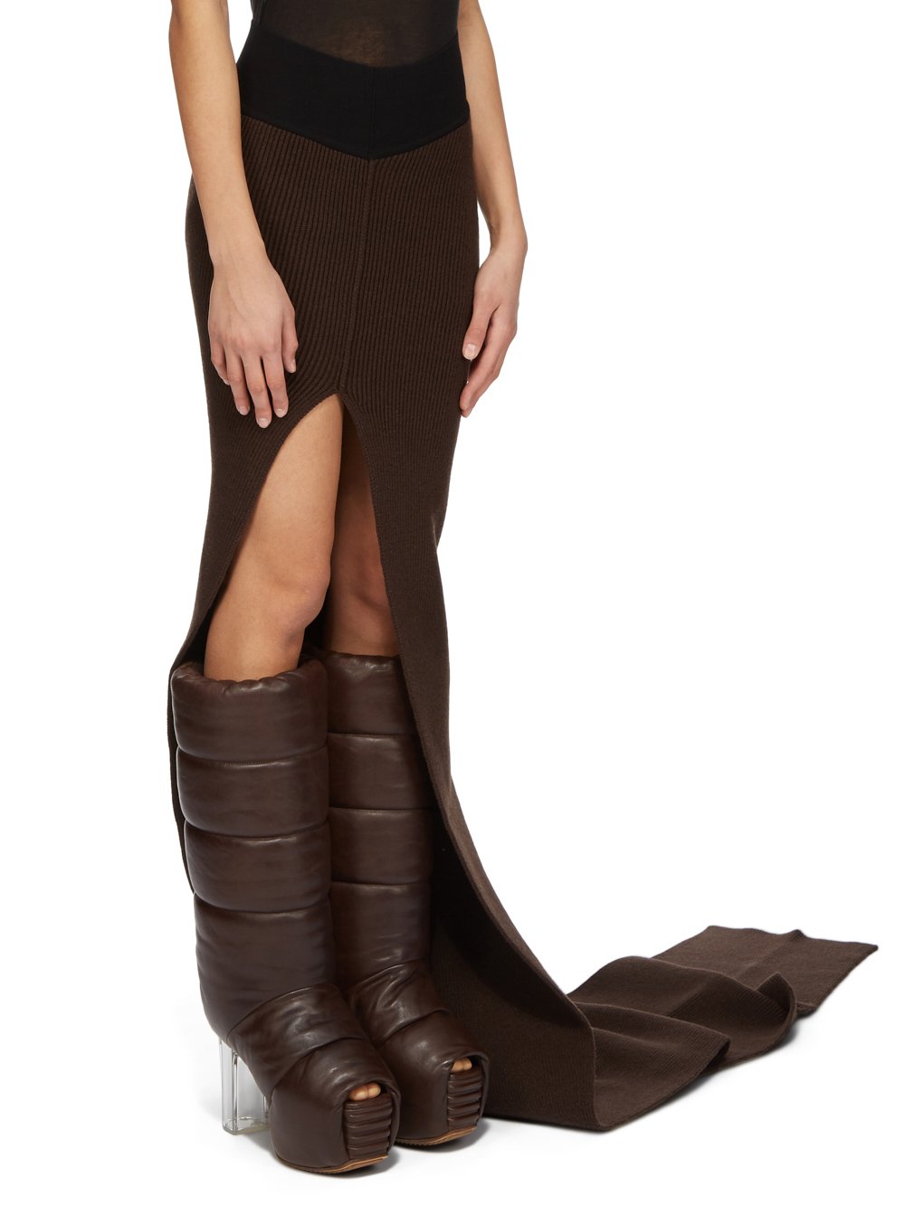 RICK OWENS FW23 LUXOR RUNWAY KNT EDFU SKIRT IN BROWN AND BLACK HEAVY RIB RECYCLED CASHMERE