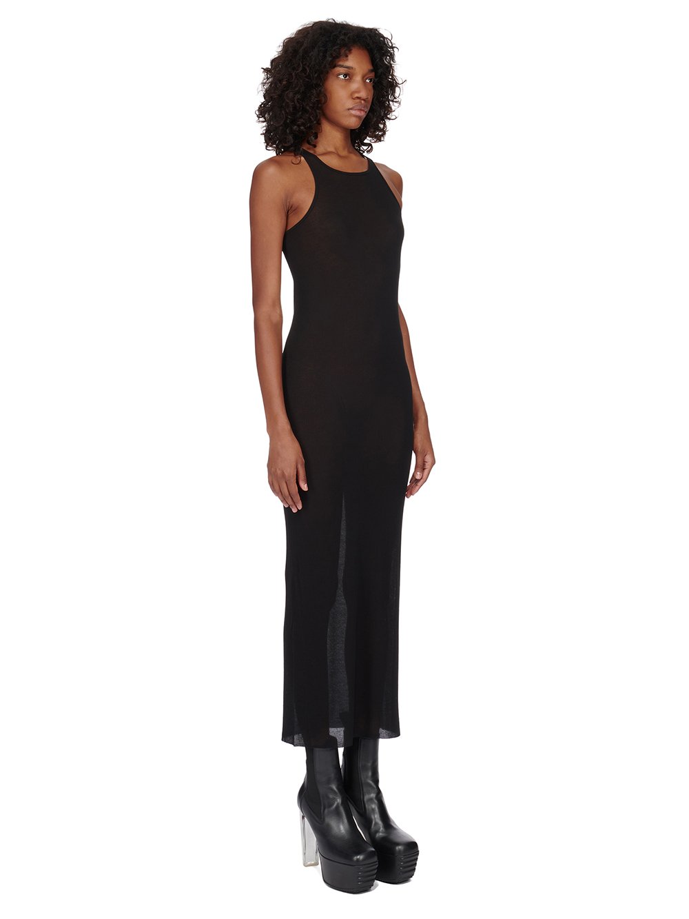 RICK OWENS FOREVER TANK DRESS IN BLACK VISCOSE SILK RIB JERSEY.