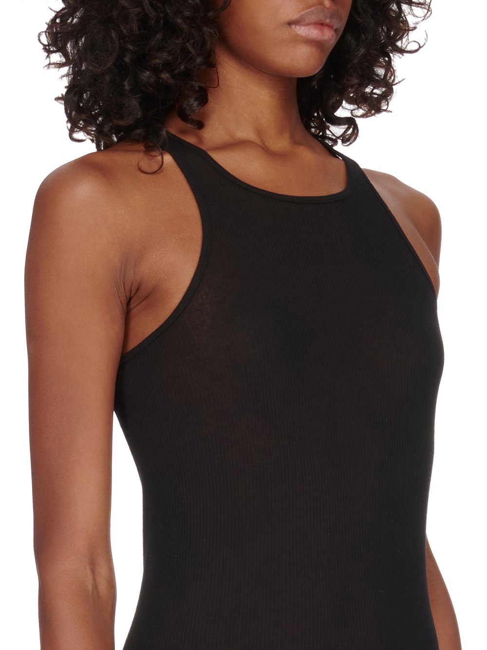 RICK OWENS FOREVER TANK DRESS IN BLACK VISCOSE SILK RIB JERSEY.