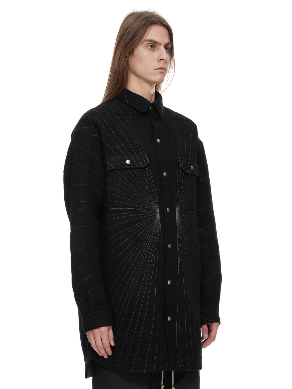 RICK OWENS FW23 LUXOR OVERSIZED OUTERSHIRT IN BLACK AND DUST RADIANCE EMBROIDERED BOILED WOOL 