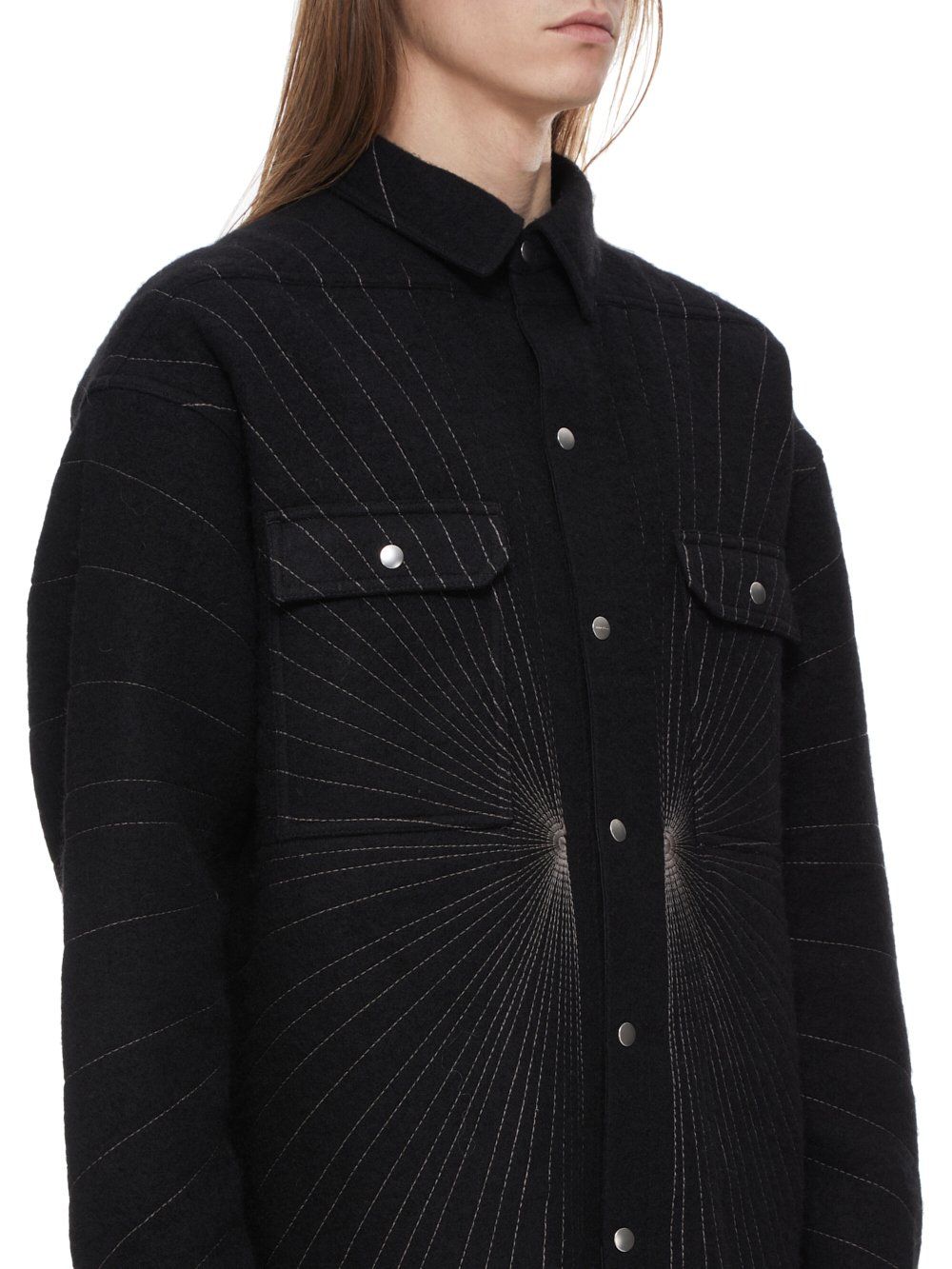 RICK OWENS FW23 LUXOR OVERSIZED OUTERSHIRT IN BLACK AND DUST RADIANCE EMBROIDERED BOILED WOOL 