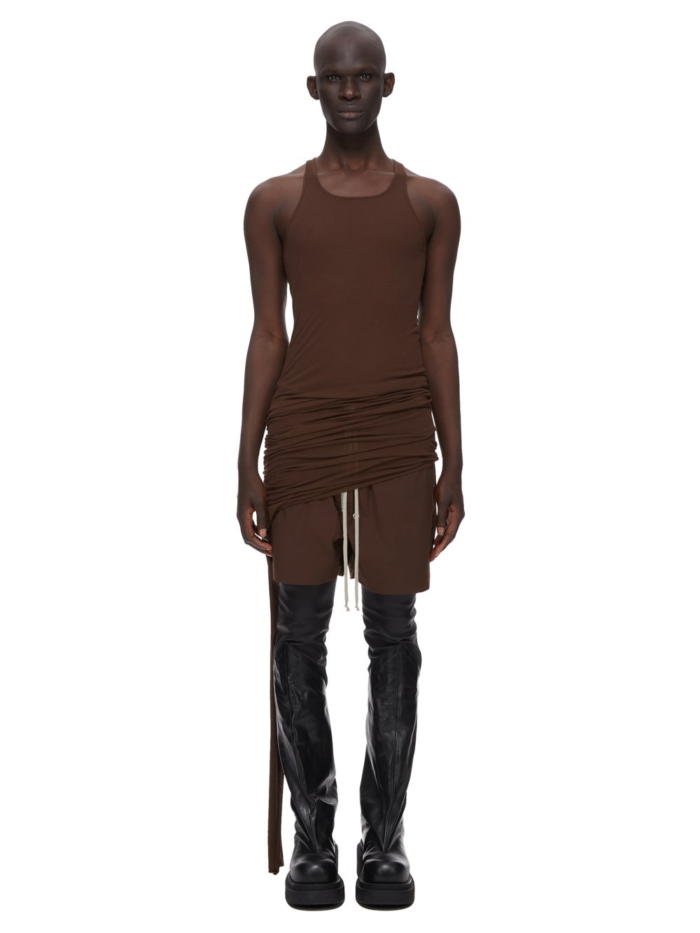 RICK OWENS FW23 LUXOR ZIGGY BANANA TANK IN BROWN VISCOSE SILK RIB JERSEY