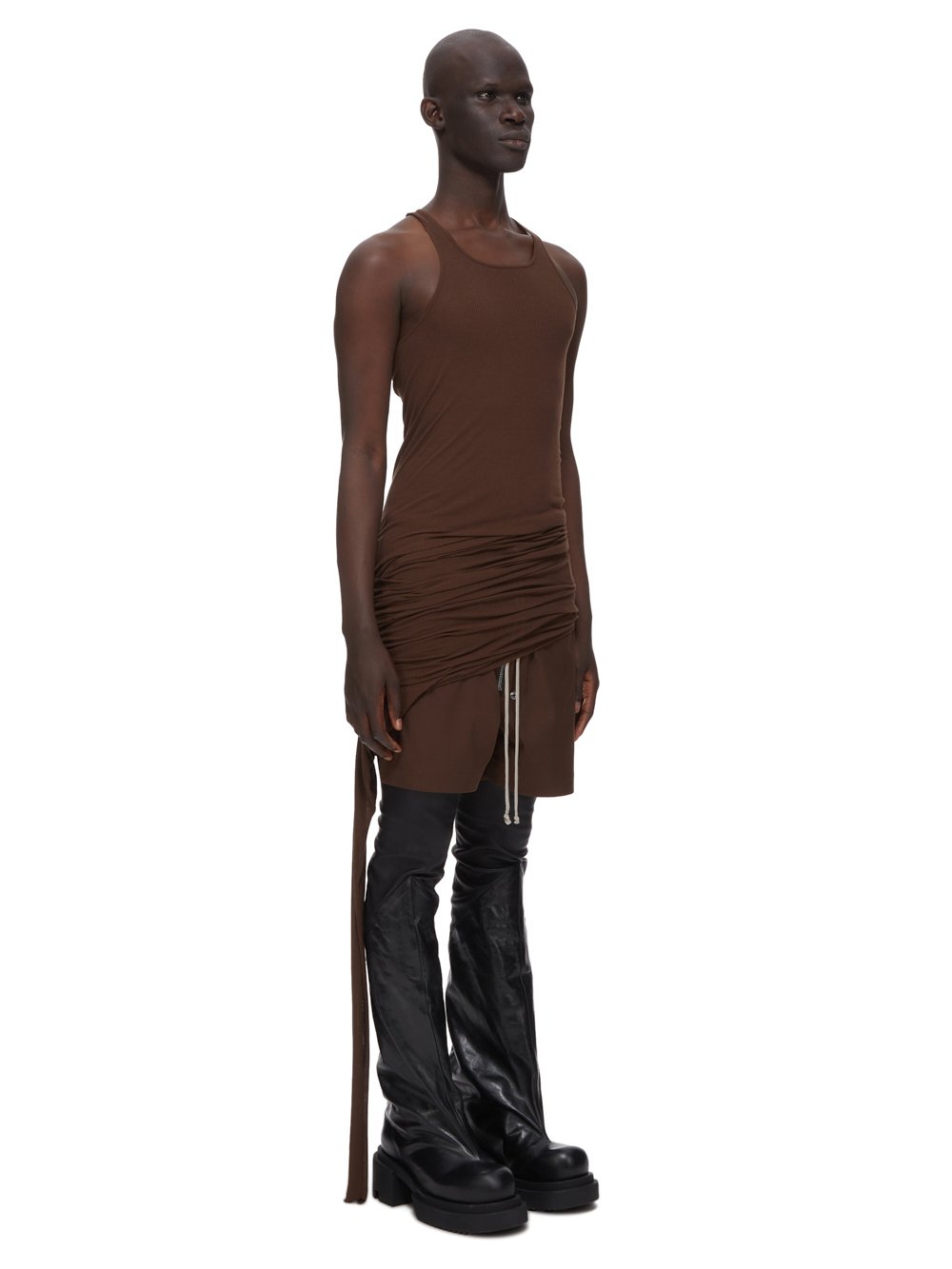 RICK OWENS FW23 LUXOR ZIGGY BANANA TANK IN BROWN VISCOSE SILK RIB JERSEY