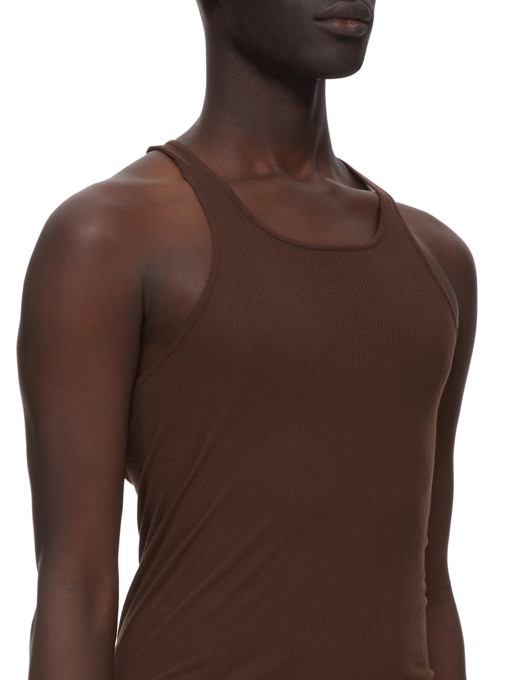 RICK OWENS FW23 LUXOR ZIGGY BANANA TANK IN BROWN VISCOSE SILK RIB JERSEY